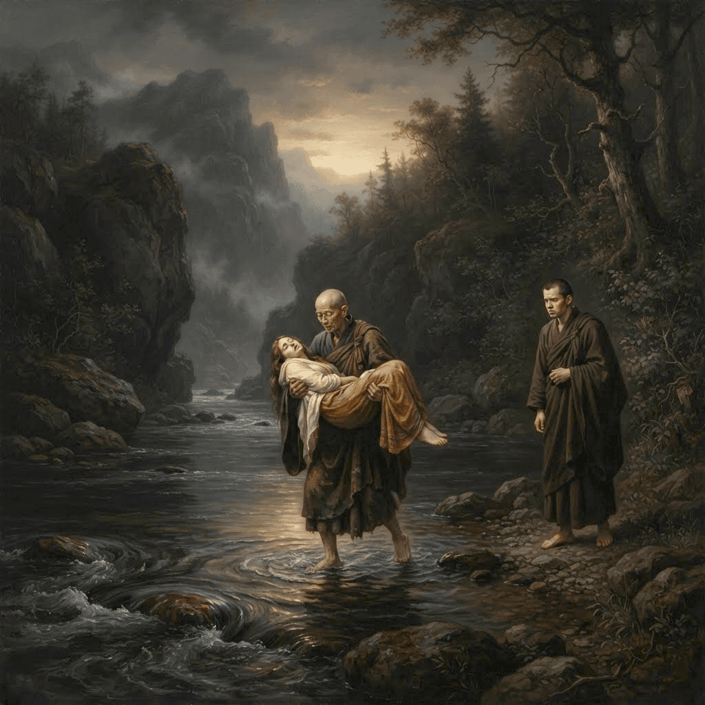 De twee monniken en de rivier